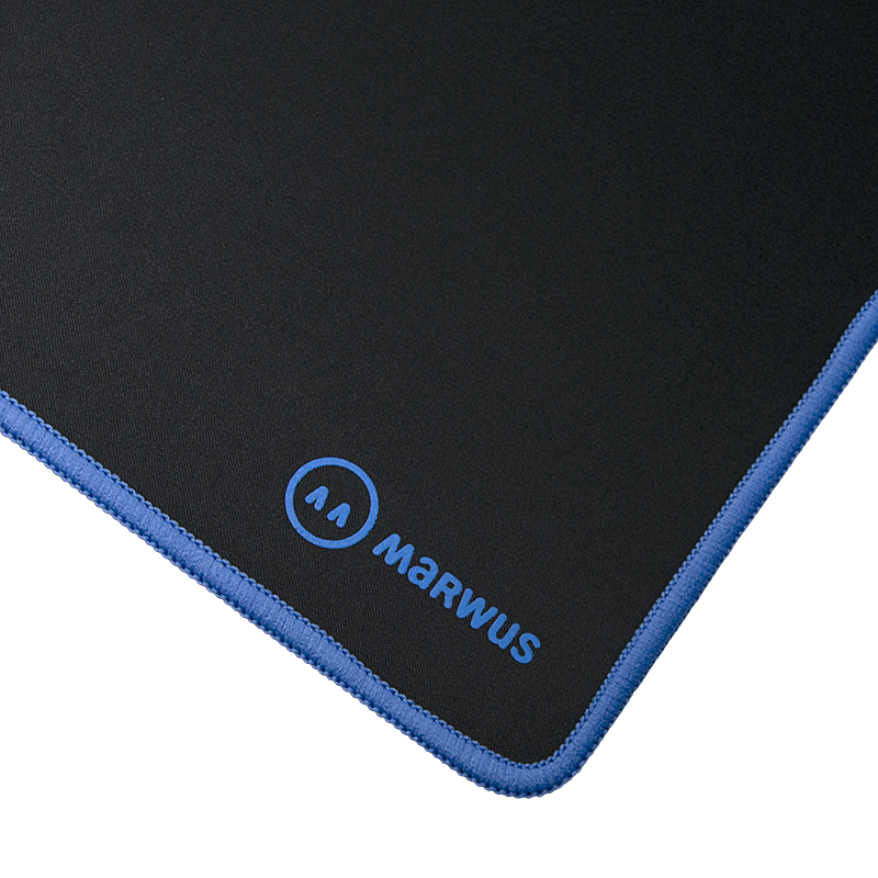 Detail image of the Marwus logo and corner of the mouse pad